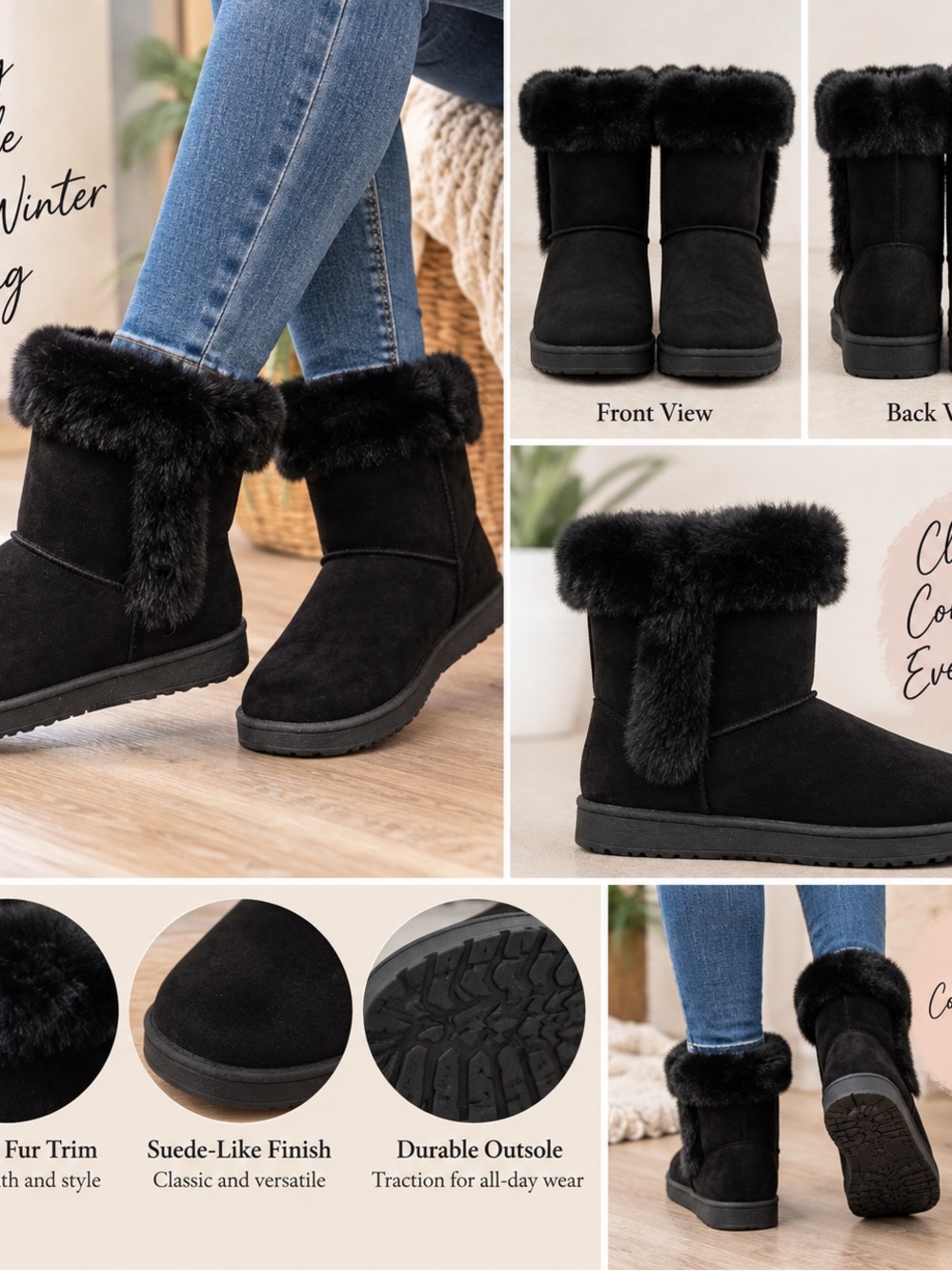 Women's Black Faux Fur Trim Black Winter Ankle Boots Suede Size 10